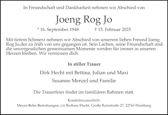 Traueranzeige von Joeng Rog Jo von Flensburger Tageblatt