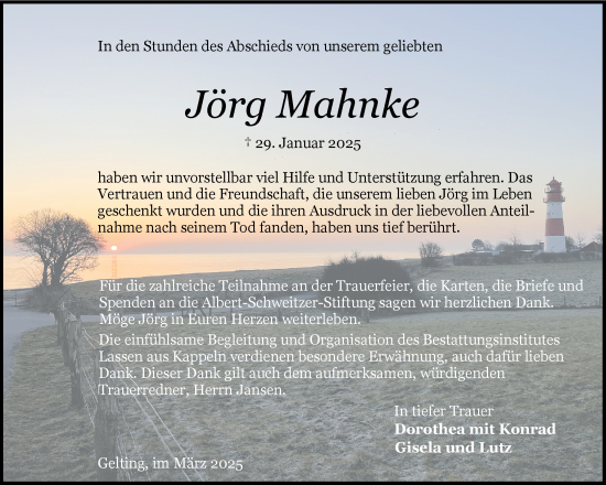 Traueranzeige von Jörg Mahnke von Schleswiger Nachrichten, Schlei-Bote
