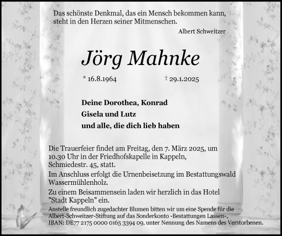 Traueranzeige von Jörg Mahnke von Schleswiger Nachrichten, Schlei-Bote
