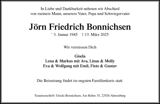 Traueranzeige von Jörn Friedrich Bonnichsen von MARKT Ahrensburg/Bargteheide/Trittau und Stormarner Tageblatt