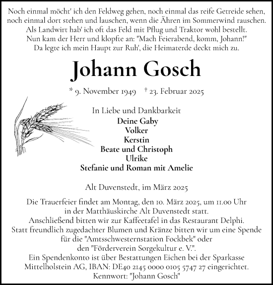 Traueranzeige von Johann Gosch von Schleswig-Holsteinische Landeszeitung