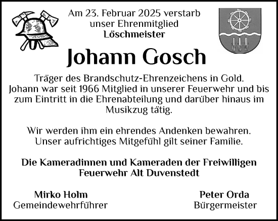 Traueranzeige von Johann Gosch von Schleswig-Holsteinische Landeszeitung