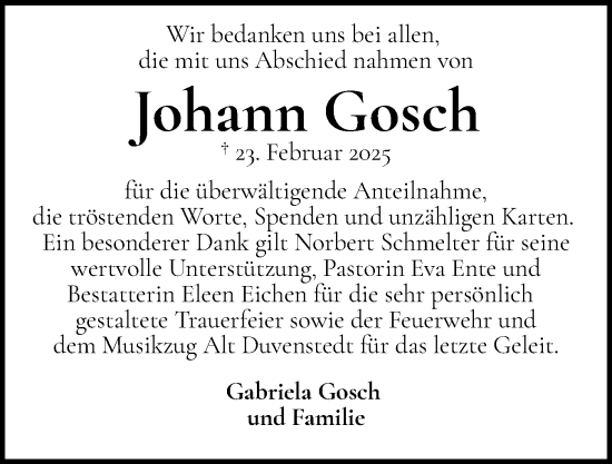 Traueranzeige von Johann Gosch von Schleswig-Holsteinische Landeszeitung