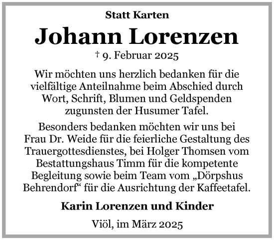 Traueranzeige von Johann Lorenzen von Husumer Nachrichten, Nordfriesland Tageblatt