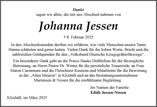 Traueranzeige von Johanna Jessen von Husumer Nachrichten, Nordfriesland Tageblatt