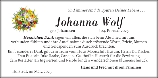 Traueranzeige von Johanna Wolf von Husumer Nachrichten, Nordfriesland Tageblatt