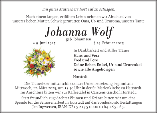 Traueranzeige von Johanna Wolf von Husumer Nachrichten, Nordfriesland Tageblatt