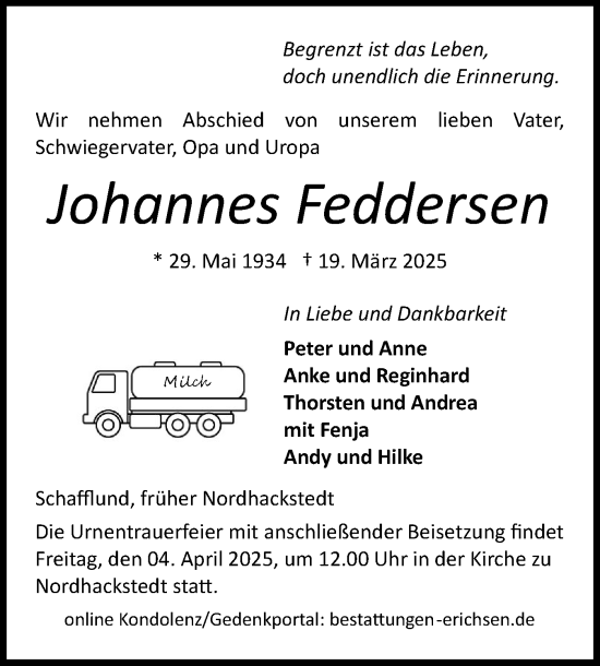 Traueranzeige von Johannes Feddersen von Flensburger Tageblatt