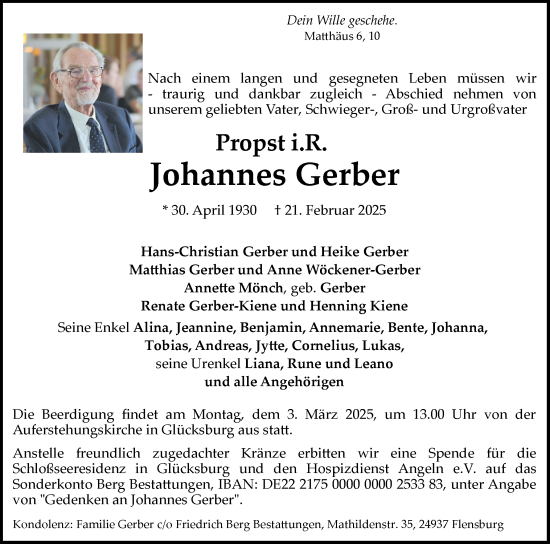 Traueranzeige von Johannes Gerber von Region Flensburg