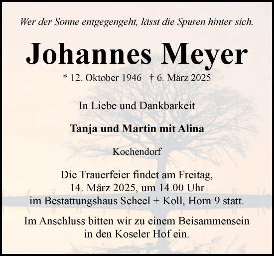 Traueranzeige von Johannes Meyer von Eckernförder Zeitung, Hallo Eckernförde