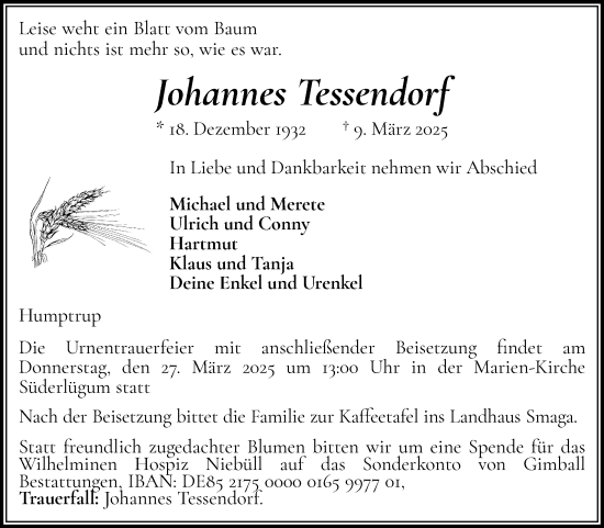 Traueranzeige von Johannes Tessendorf von Husumer Nachrichten, Nordfriesland Tageblatt
