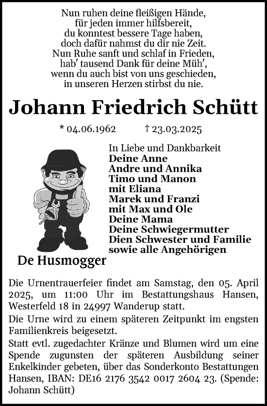Traueranzeige von Johann Friedrich Schütt von Husumer Nachrichten, Nordfriesland Tageblatt
