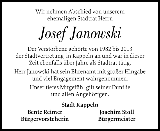 Traueranzeige von Josef Janowski von Schleswiger Nachrichten, Schlei-Bote