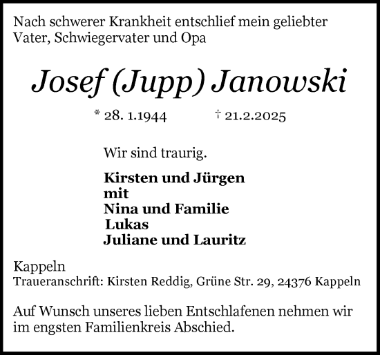 Traueranzeige von Josef Janowski von Schleswiger Nachrichten, Schlei-Bote