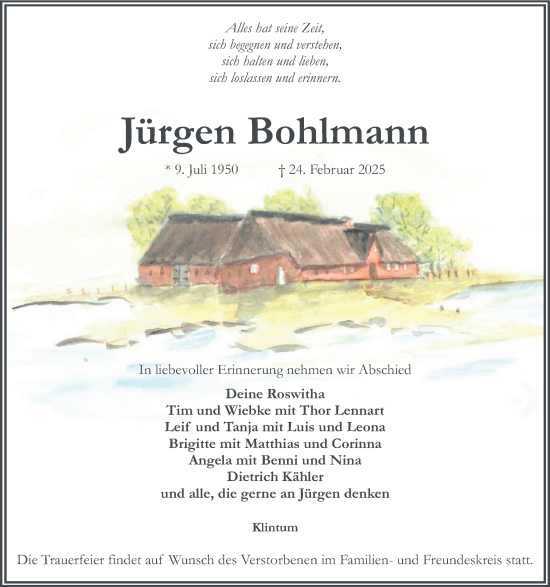 Traueranzeige von Jürgen Bohlmann von Husumer Nachrichten, Nordfriesland Tageblatt