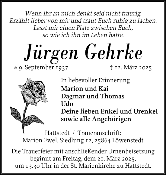 Traueranzeige von Jürgen Gehrke von Husumer Nachrichten, Nordfriesland Tageblatt