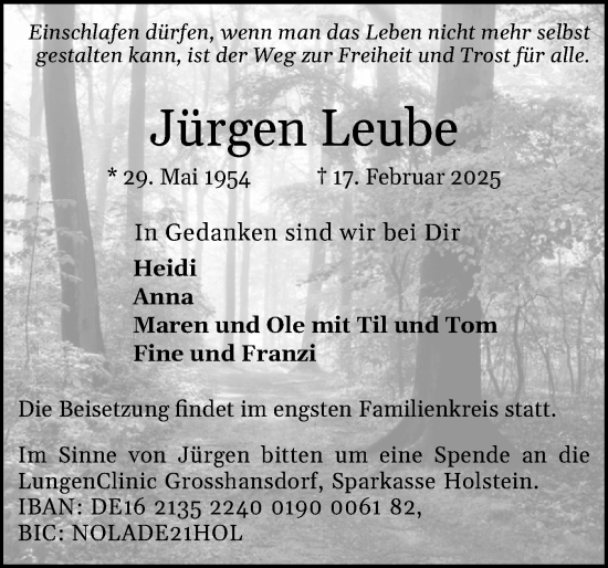 Traueranzeige von Jürgen Leube von Region Pinneberg und tip Pinneberg