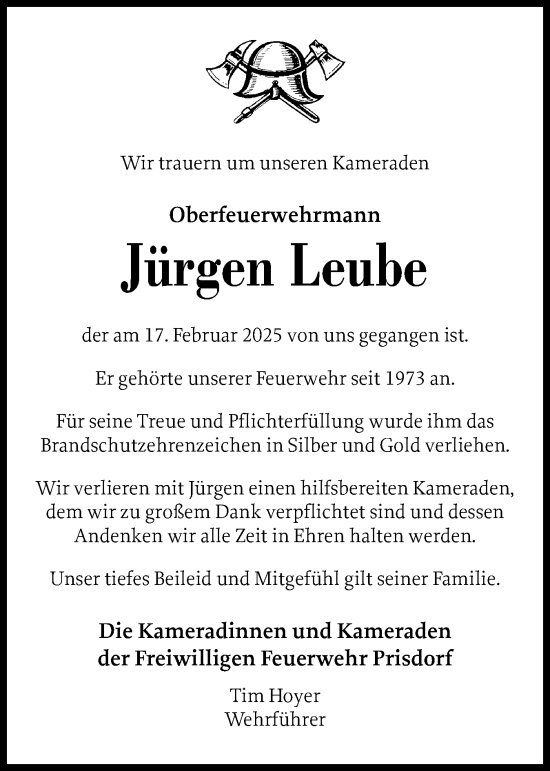 Traueranzeige von Jürgen Leube von Region Pinneberg und tip Pinneberg