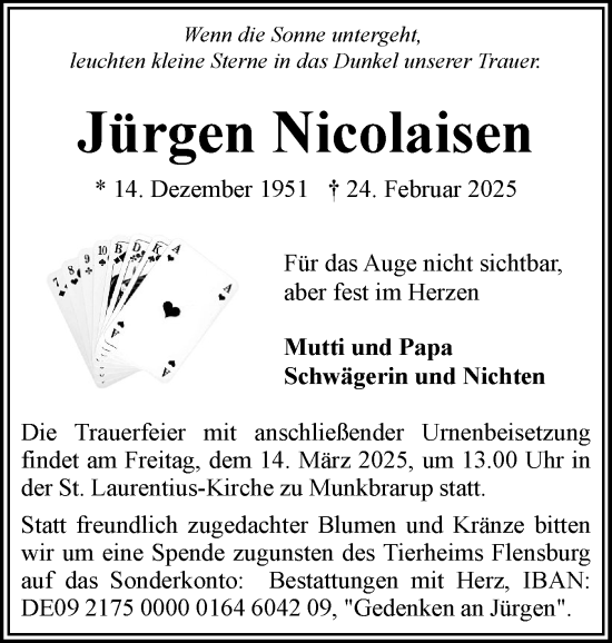 Traueranzeige von Jürgen Nicolaisen von Flensburger Tageblatt