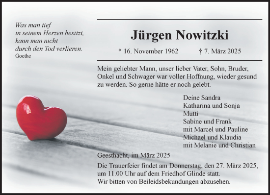 Traueranzeige von Jürgen Nowitzki von MARKT Glinde/Reinfeld