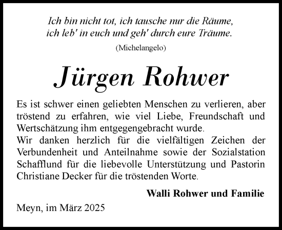 Traueranzeige von Jürgen Rohwer von Flensburger Tageblatt