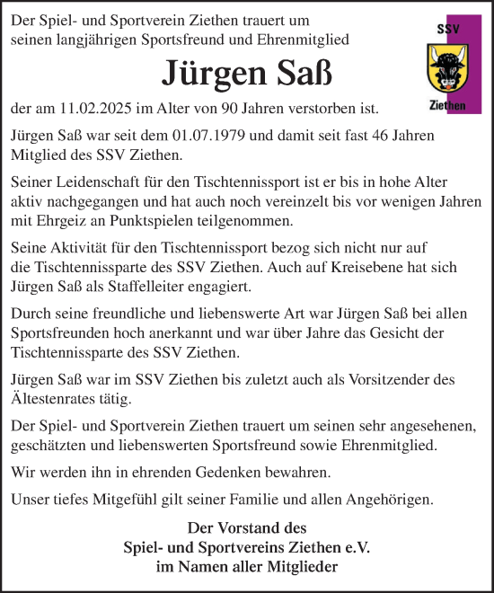 Traueranzeige von Jürgen Saß von MARKT Ratzeburg/Mölln