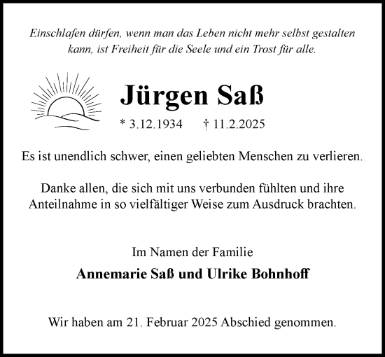 Traueranzeige von Jürgen Saß von MARKT Ratzeburg/Mölln