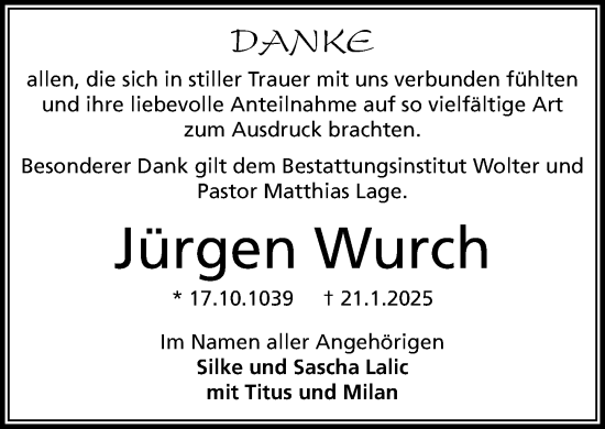 Traueranzeige von Jürgen Wurch von MARKT Ratzeburg/Mölln