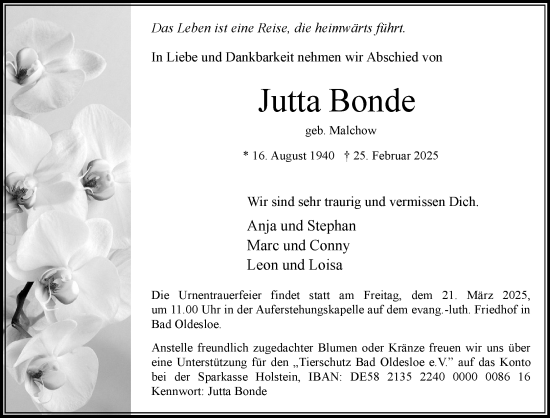 Traueranzeige von Jutta Bonde von MARKT Bad Oldesloe/Reinfeld und Stormarner Tageblatt