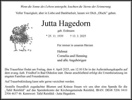 Traueranzeige von Jutta Hagedorn von MARKT Bad Oldesloe/Reinfeld und Stormarner Tageblatt