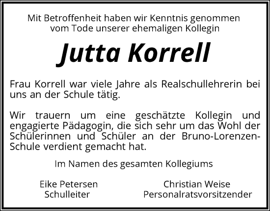 Traueranzeige von Jutta Korrell von Schleswiger Nachrichten, Schlei-Bote