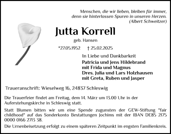 Traueranzeige von Jutta Korrell von Husumer Nachrichten, Nordfriesland Tageblatt