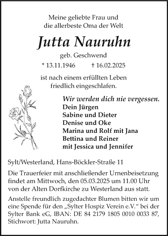 Traueranzeige von Jutta Nauruhn von Sylter Rundschau