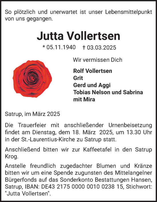 Traueranzeige von Jutta Vollertsen von Flensburger Tageblatt, Schleswiger Nachrichten, Schlei-Bote