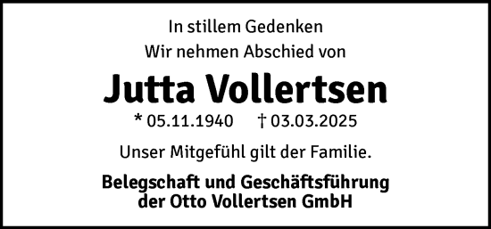 Traueranzeige von Jutta Vollertsen von Flensburger Tageblatt, Schleswiger Nachrichten, Schlei-Bote