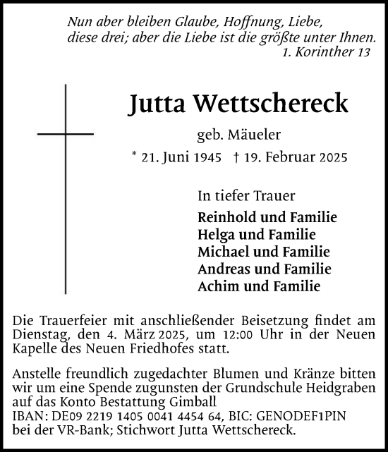 Traueranzeige von Jutta Wettschereck von Uetersener Nachrichten, Der tip am Wochenende