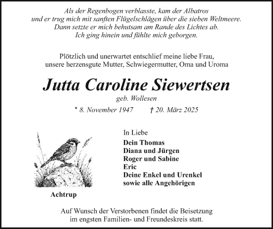 Traueranzeige von Jutta Caroline Siewertsen von Husumer Nachrichten, Nordfriesland Tageblatt