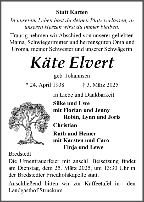 Traueranzeige von Käte Elvert von Husumer Nachrichten, Nordfriesland Tageblatt