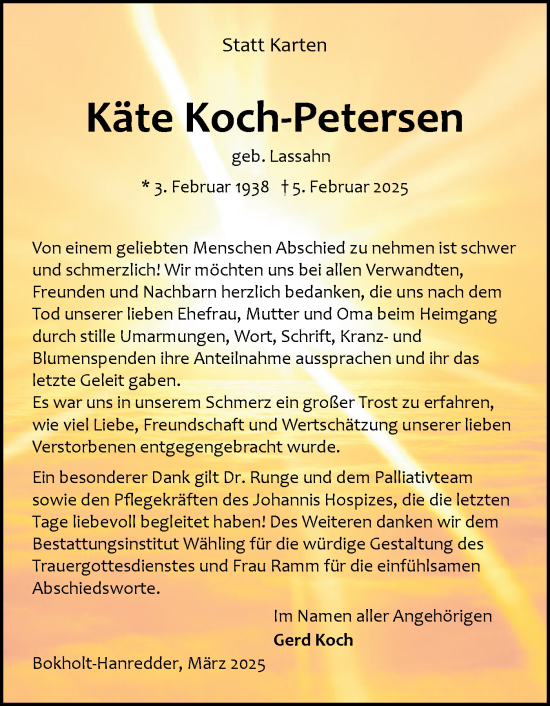 Traueranzeige von Käte Koch-Petersen von Elmshorner Nachrichten, Barmstedter Zeitung