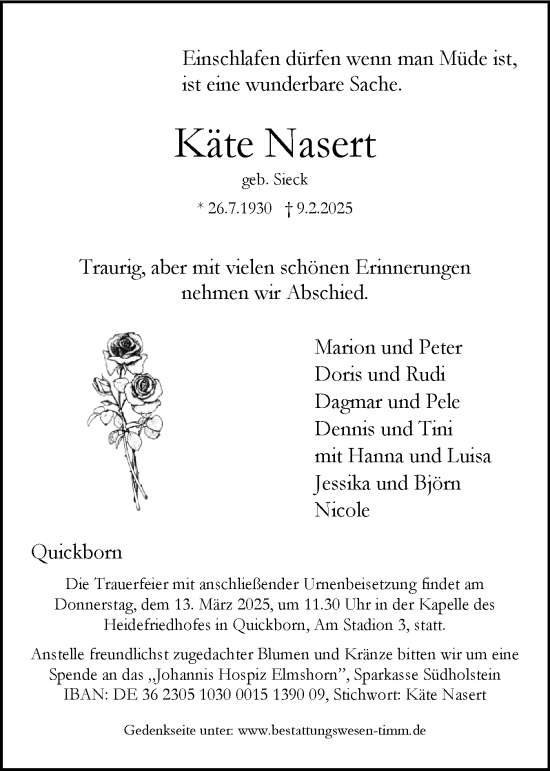 Traueranzeige von Käte Nasert von Region Pinneberg und tip Pinneberg
