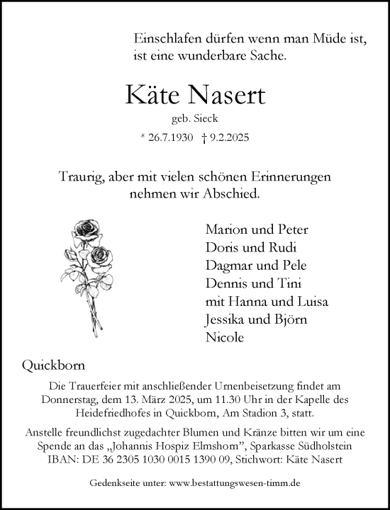Traueranzeige von Käte Nasert von Umschau