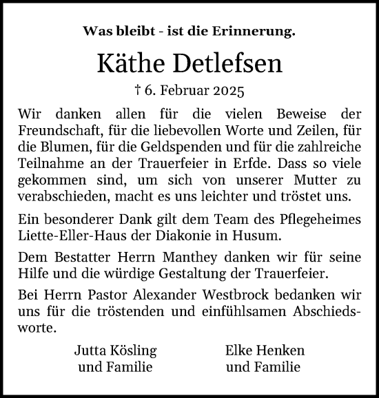 Traueranzeige von Käthe Detlefsen von Schleswig-Holsteinische Landeszeitung