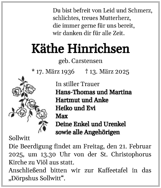 Traueranzeige von Käthe Hinrichsen von Husumer Nachrichten, Nordfriesland Tageblatt