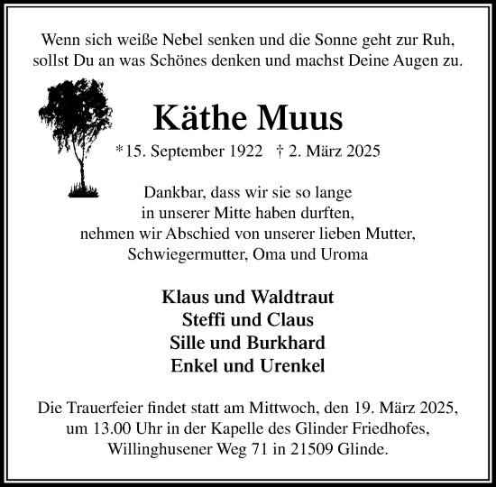 Traueranzeige von Käthe Muus von MARKT Glinde/Reinfeld