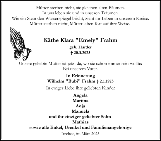 Traueranzeige von Käthe Klara  Frahm von Norddeutsche Rundschau, Wilstersche Zeitung, Glückstädter Fortuna