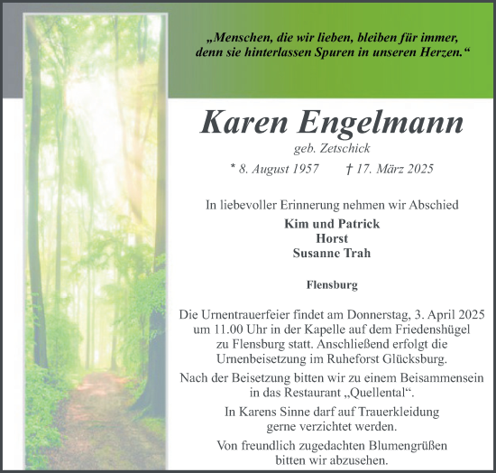 Traueranzeige von Karen Engelmann von Region Flensburg