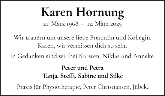 Traueranzeige von Karen Hornung von Schleswiger Nachrichten, Schlei-Bote