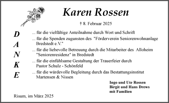 Traueranzeige von Karen Rossen von Husumer Nachrichten, Nordfriesland Tageblatt