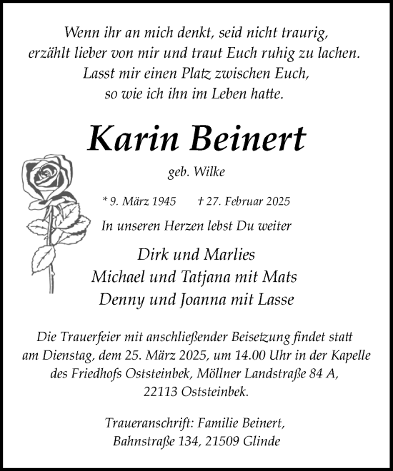 Traueranzeige von Karin Beinert von MARKT Glinde/Reinfeld