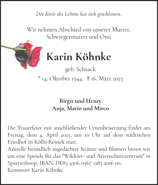 Traueranzeige von Karin Köhnke von Elmshorner Nachrichten, Barmstedter Zeitung